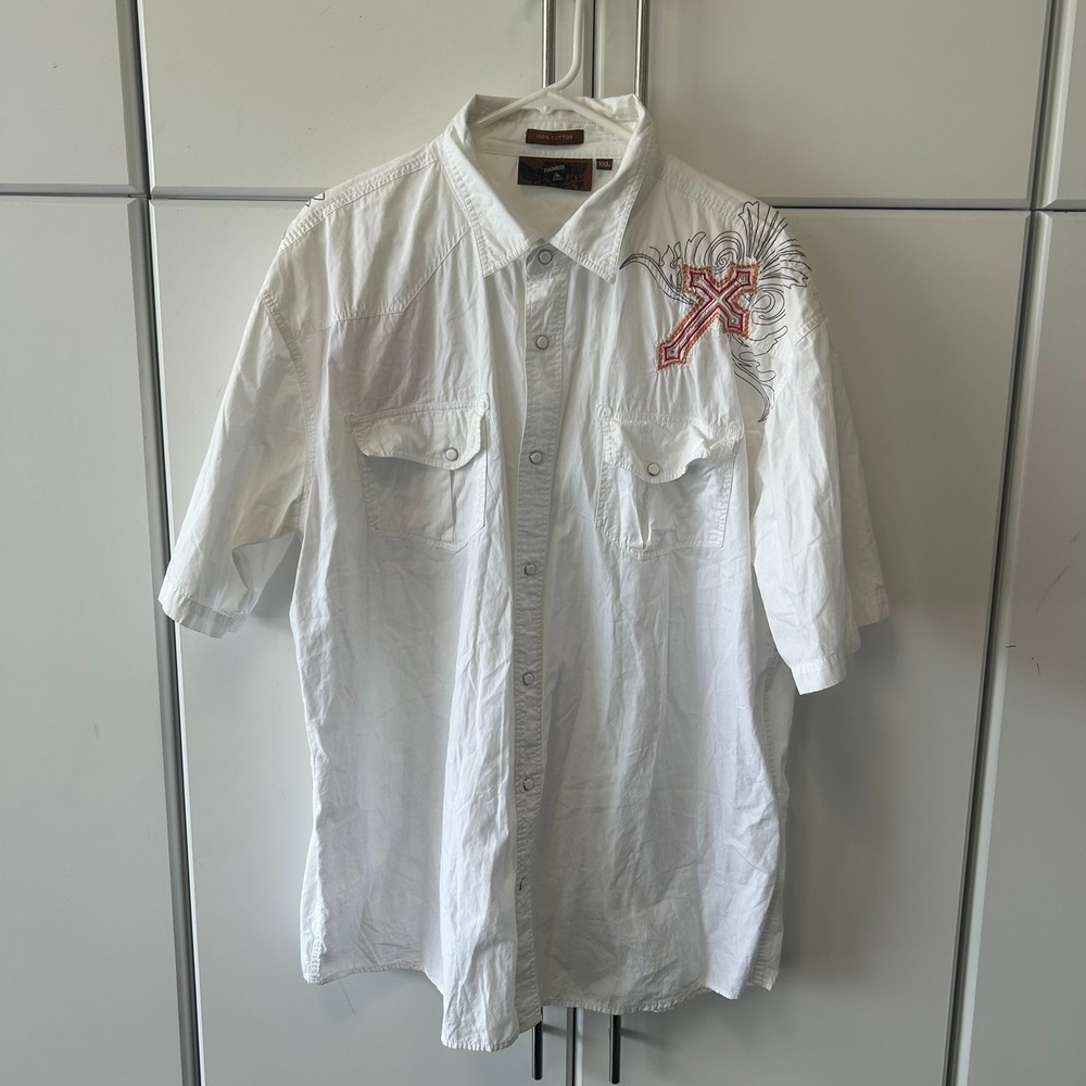 Danesi Mens XXL White Cotton Short Sleeve Cross Embroidered Western Snap Shirt
